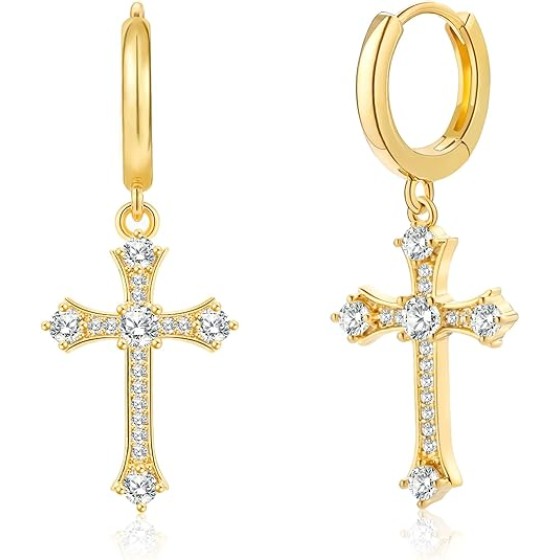 14K Gold/White Gold Plated Drop Dangle Cross Earrings for Women Men, Hypoallergenic Dainty Lightweight Small Huggie Hoop Earring