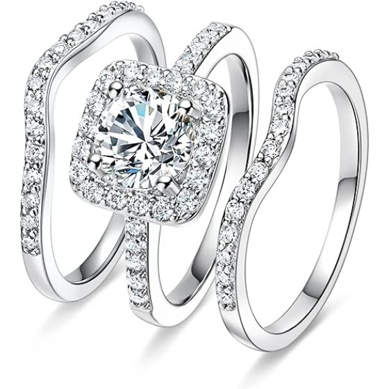 18K White Gold Plated Cubic Zirconia Three-in-One Halo Wedding Engagement Promise Eternity Ring for Women