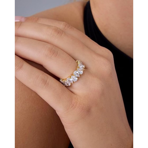 14K Gold Plated Pear Love Eternity Rings for Women | Gold Cubic Zirconia Ring | Bridal Eternity Wedding Band Ring