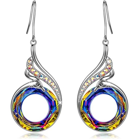 Sterling Silver Dangle Earrings with Crystals from Austria, Birthday Gift with Jewelry Box, Symbol of Luck and Renewal