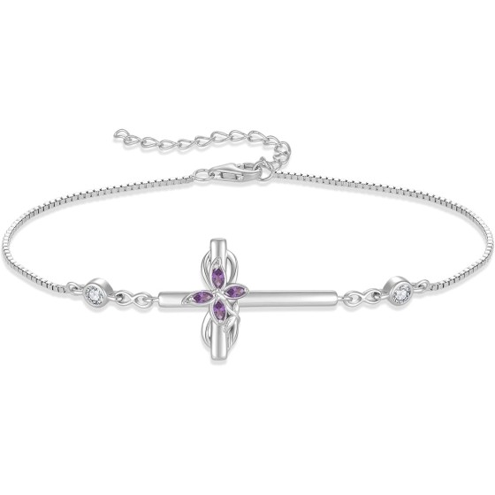 Cross Bracelet for Women 925 Sterling Silver Infinity Butterfly Birthstone Link Bracelet Crucifix Religious Jewelry for Her